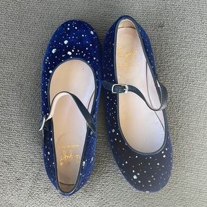Girls blue velvet mary janes w silver metallic spots